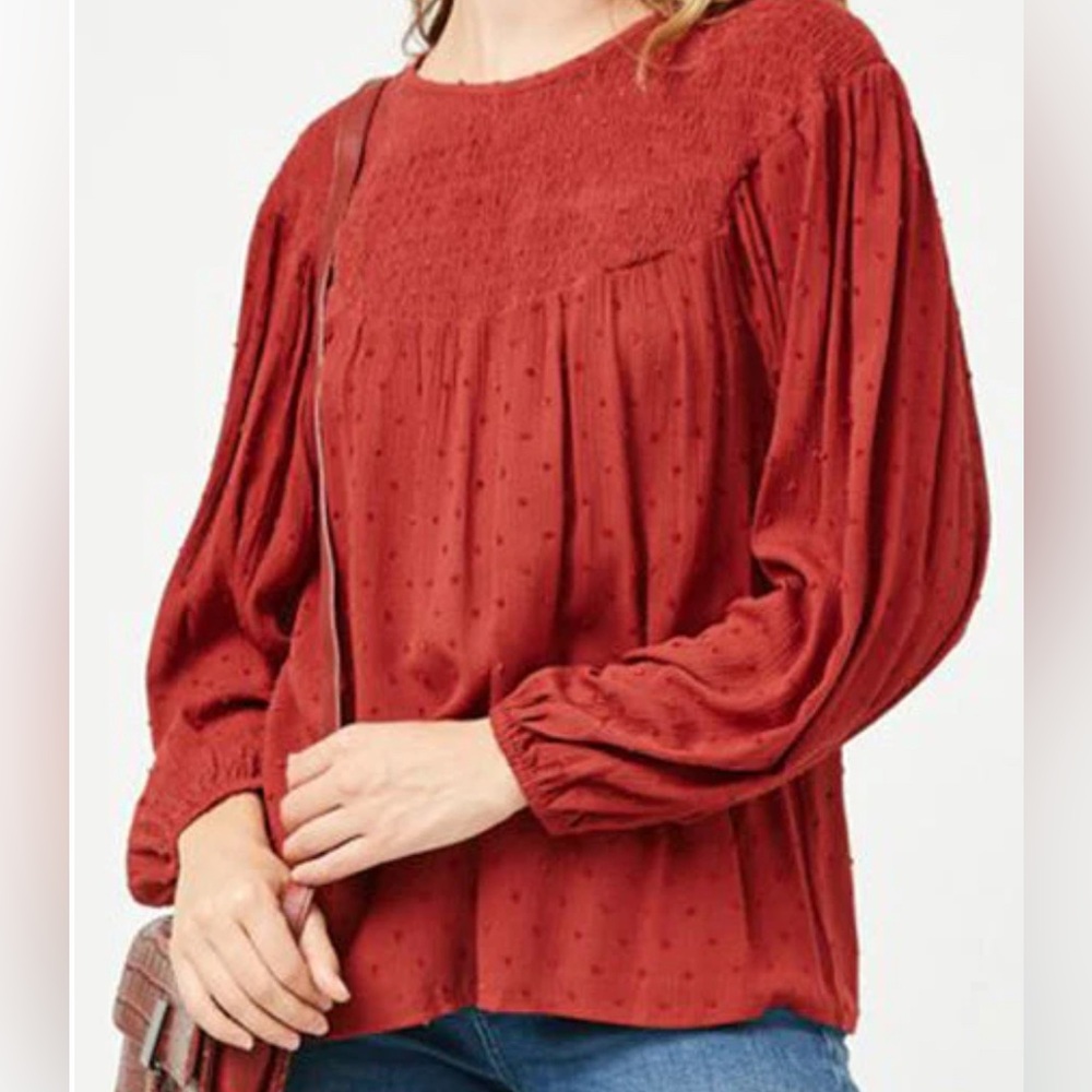 Hayden 1XL crimson Swiss dot long sleeve top